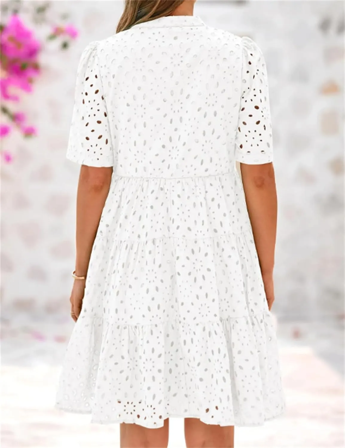 The Beauty North Eyelet Dress, Women's Elegant Hollow Out Lace Ruffle Casual Mini Dress, 2025 Pink Laura V Neck Sun Skirt
