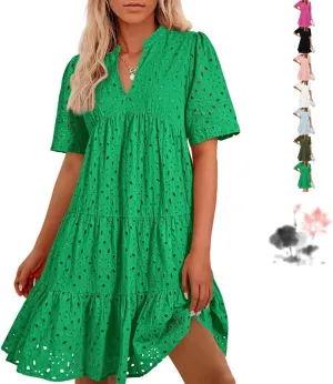 The Beauty North Eyelet Dress, Women's Elegant Hollow Out Lace Ruffle Casual Mini Dress, 2025 Pink Laura V Neck Sun Skirt