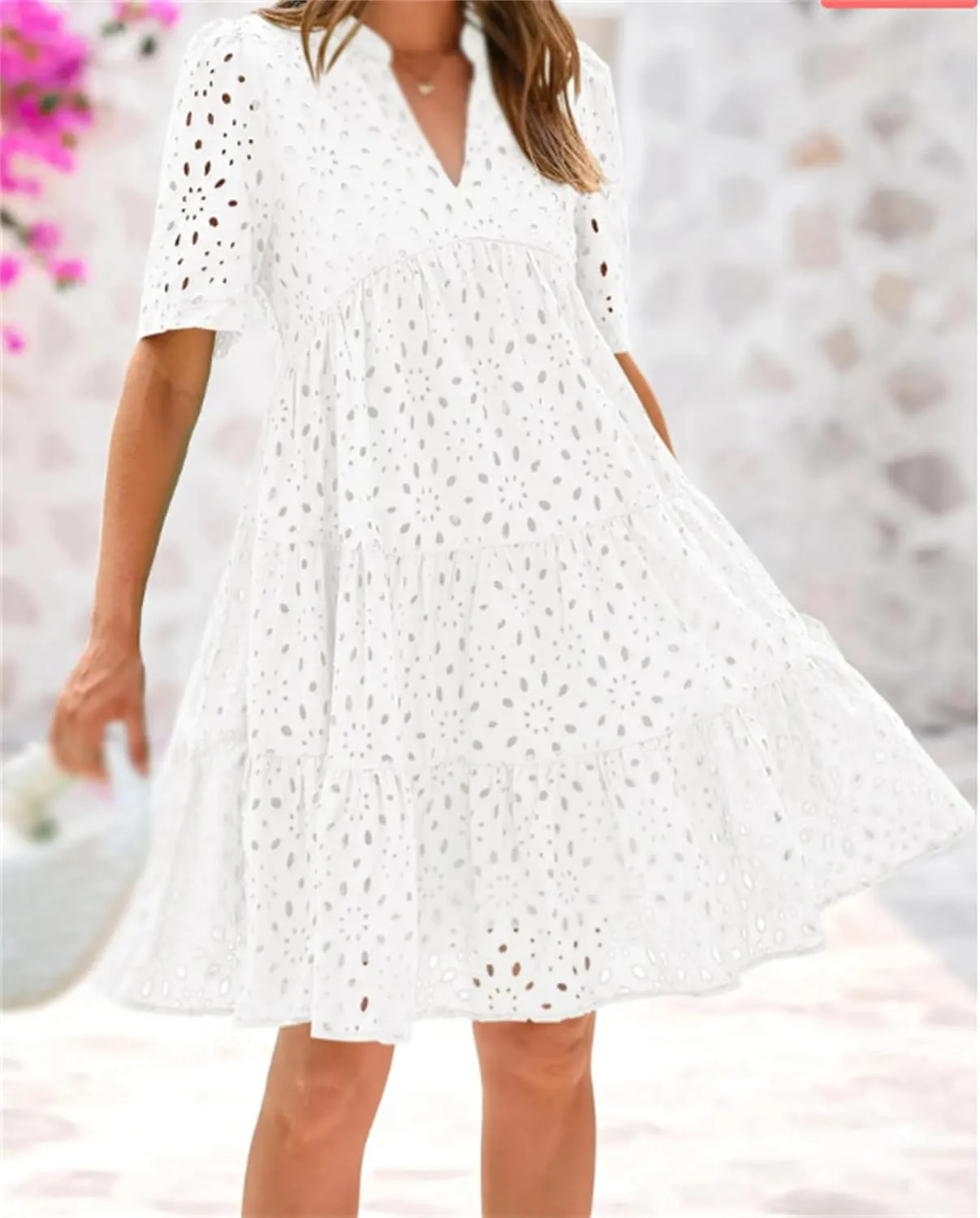 The Beauty North Eyelet Dress, Women's Elegant Hollow Out Lace Ruffle Casual Mini Dress, 2025 Pink Laura V Neck Sun Skirt