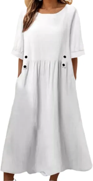 TIAFORD Women's Casual Loose Half Sleeve Cotton Linen Midi Dress Summer Side Button Beach Sundresses for Women 2024