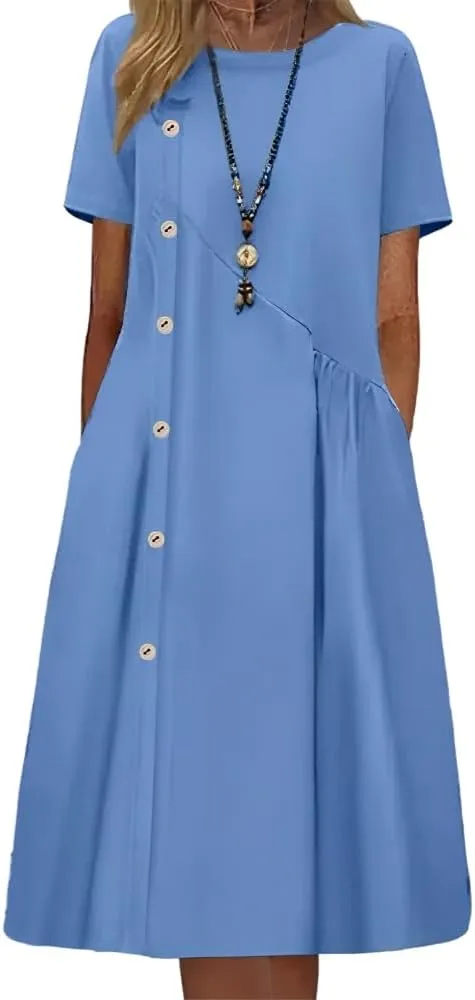 TIAFORD Women's Casual Loose Half Sleeve Cotton Linen Midi Dress Summer Side Button Beach Sundresses for Women 2024