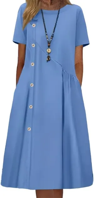 TIAFORD Women's Casual Loose Half Sleeve Cotton Linen Midi Dress Summer Side Button Beach Sundresses for Women 2024