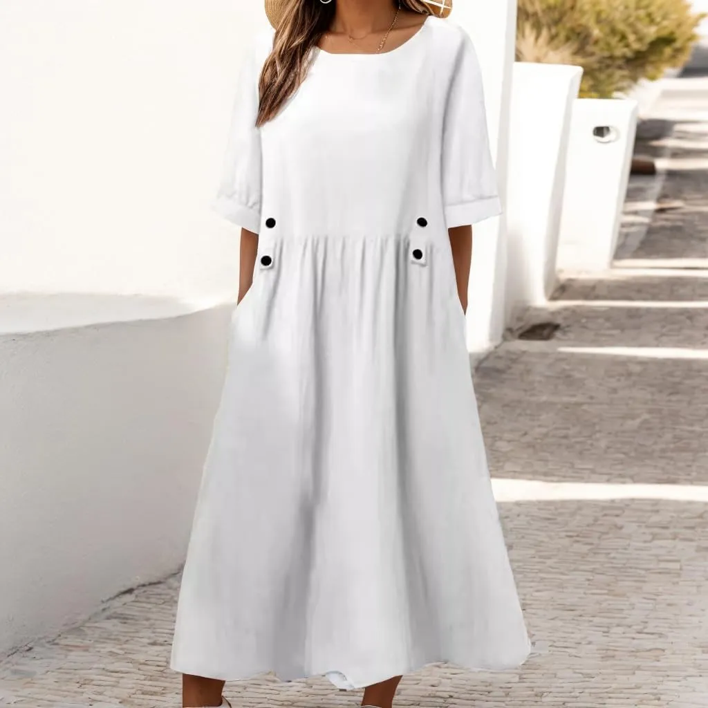 TIAFORD Women's Casual Loose Half Sleeve Cotton Linen Midi Dress Summer Side Button Beach Sundresses for Women 2024
