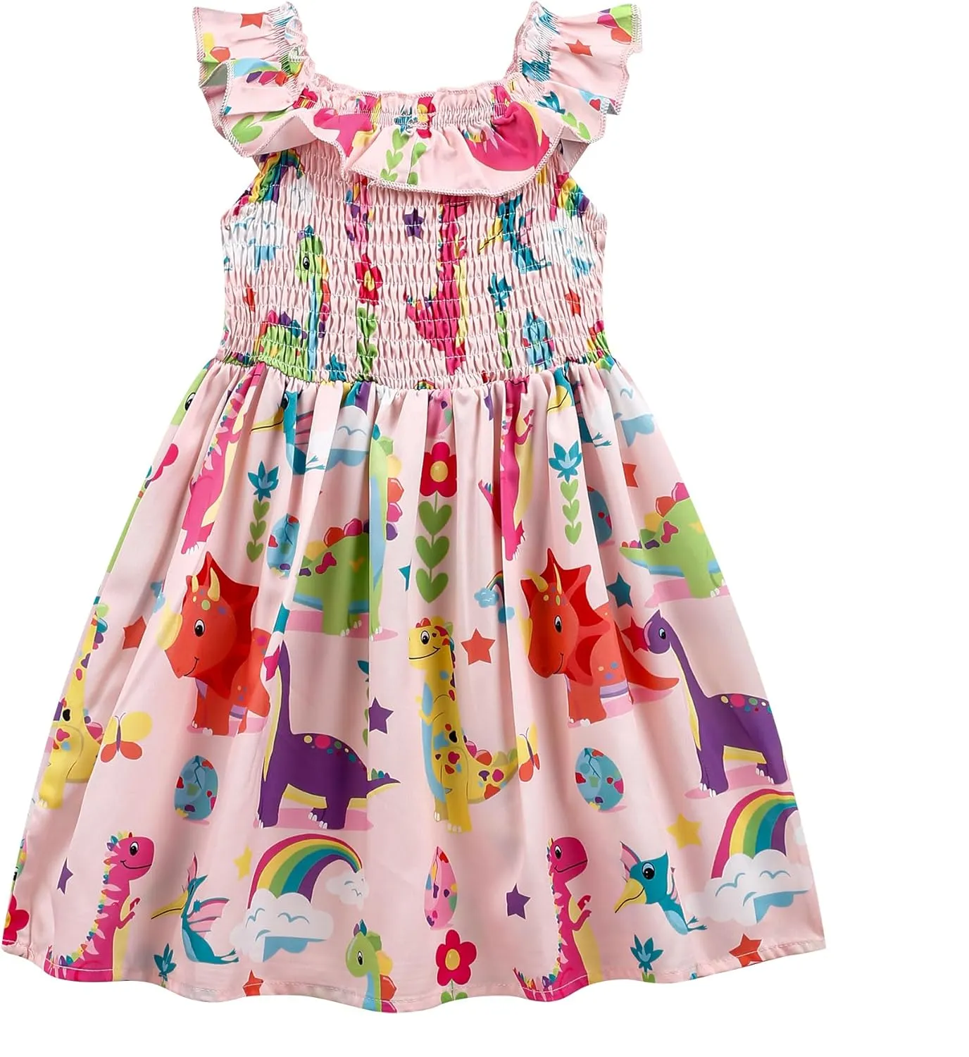 Toddler Little Girls Summer Dresses Floral Ruffle Sleeve A-Line Sundress Smocked Swing Birthday Outfits Dress 2-7 Years