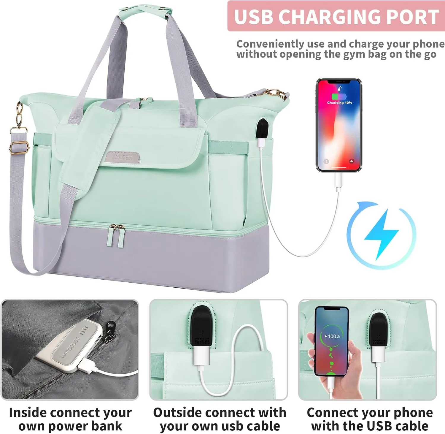 Travel Bag for Women, Sports Gym Duffel Bag with USB Charging Port, Weekender Overnight Bag with Wet Pocket and Shoes Compartment, Carry On Tote Bag Gym Yoga Duffel Bag for Men Women