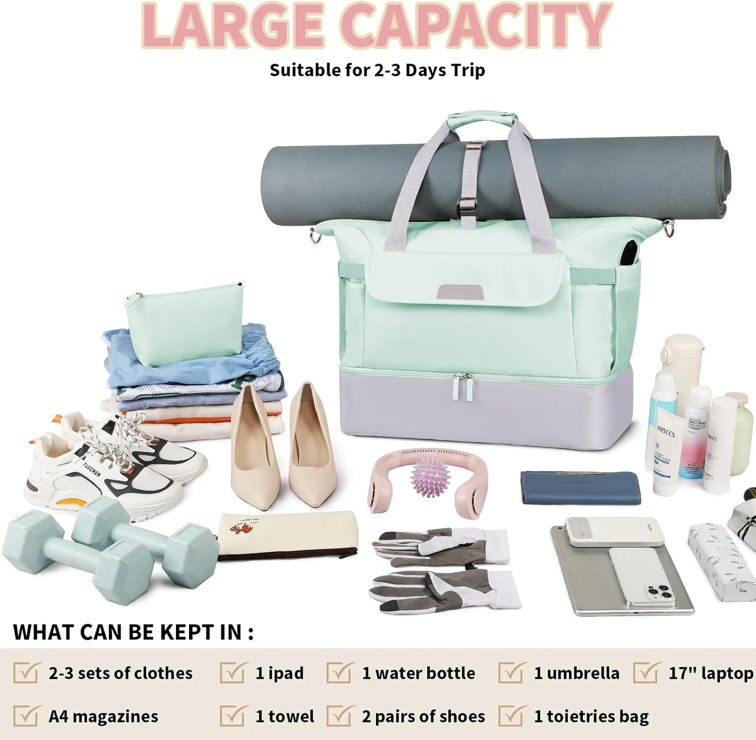 Travel Bag for Women, Sports Gym Duffel Bag with USB Charging Port, Weekender Overnight Bag with Wet Pocket and Shoes Compartment, Carry On Tote Bag Gym Yoga Duffel Bag for Men Women