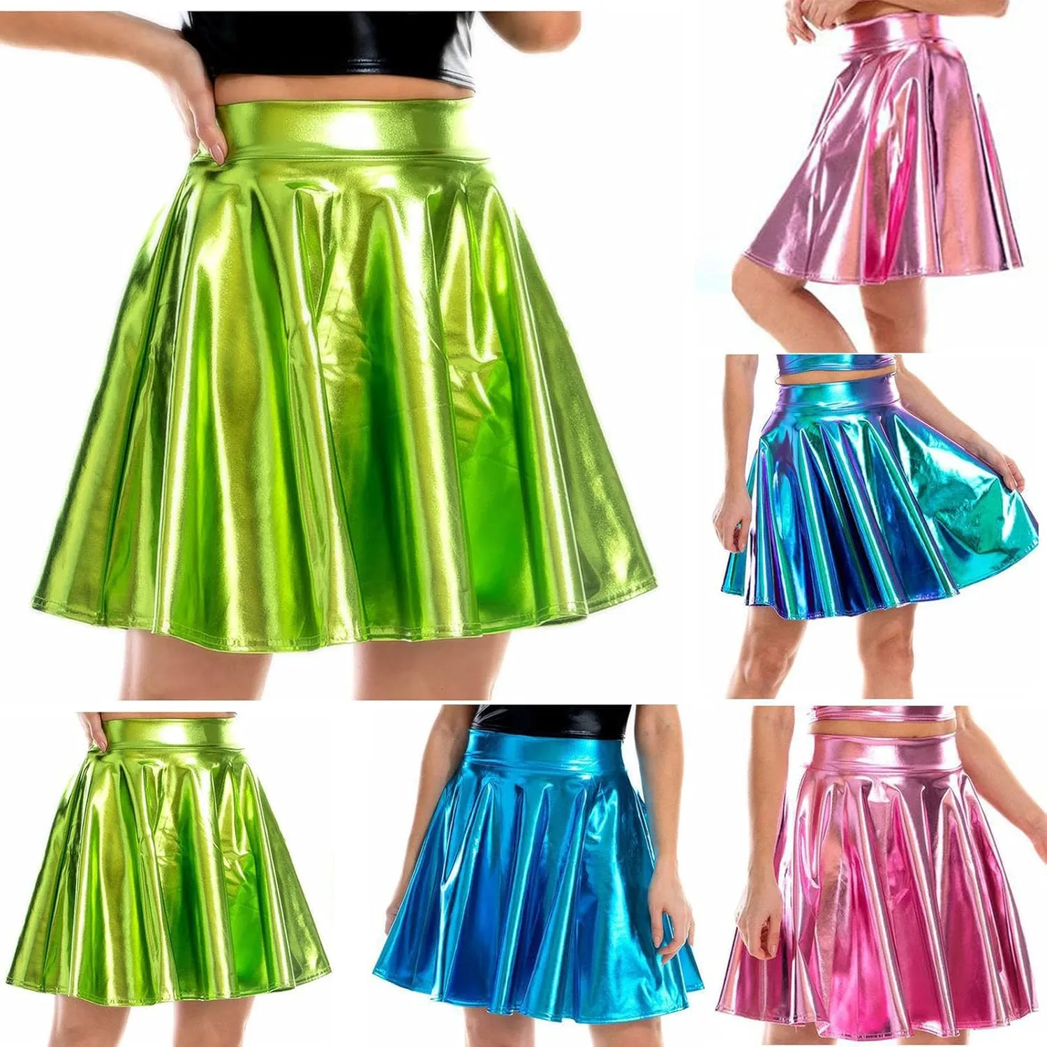 Trends Womens Mini Skirt Shiny Mini Pleated Flared Skater Skirts High Waist Metallic Skirt Athletic Tennis Dress