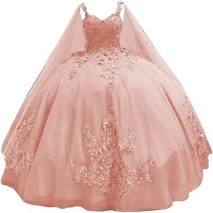 TRHTX Spaghetti Straps Quinceanera Dresses Ball Gown with Cape Princess Sweet 15 16 Dresses Beaded Lace Prom Dresses WZY73