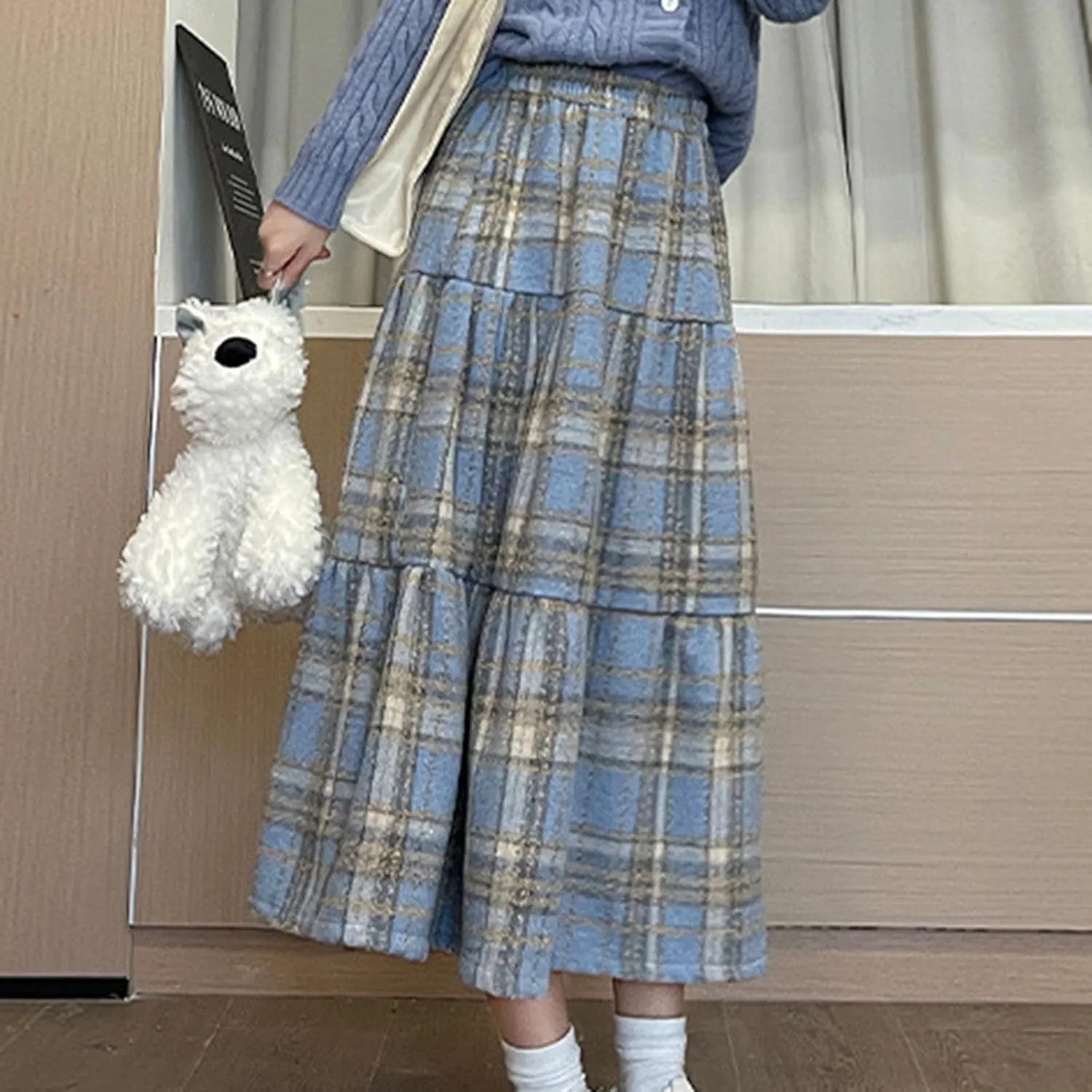 Tweed Skirts for Women Splicing Patchwork High Waisted Elastic Over Keen Length Skirt Plus Size Flowy Skirt Fashion