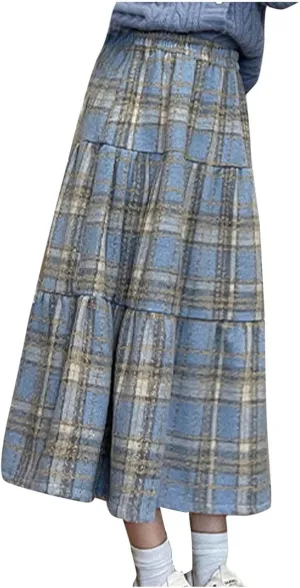 Tweed Skirts for Women Splicing Patchwork High Waisted Elastic Over Keen Length Skirt Plus Size Flowy Skirt Fashion
