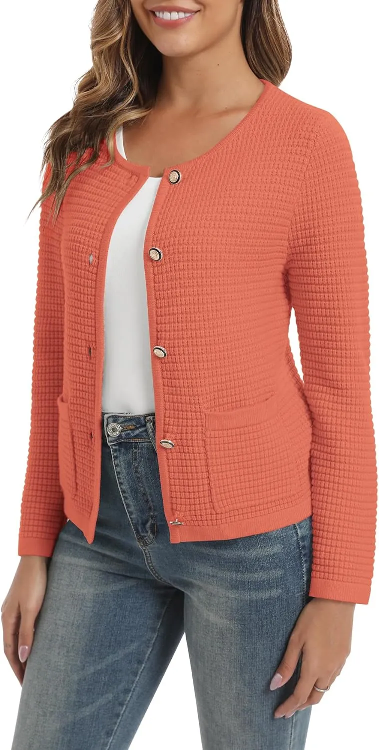 Urban CoCo Women's Open Front Cropped Cardigan Sweaters for Women Trendy Crewneck Button Down Knit Sweater Jacket