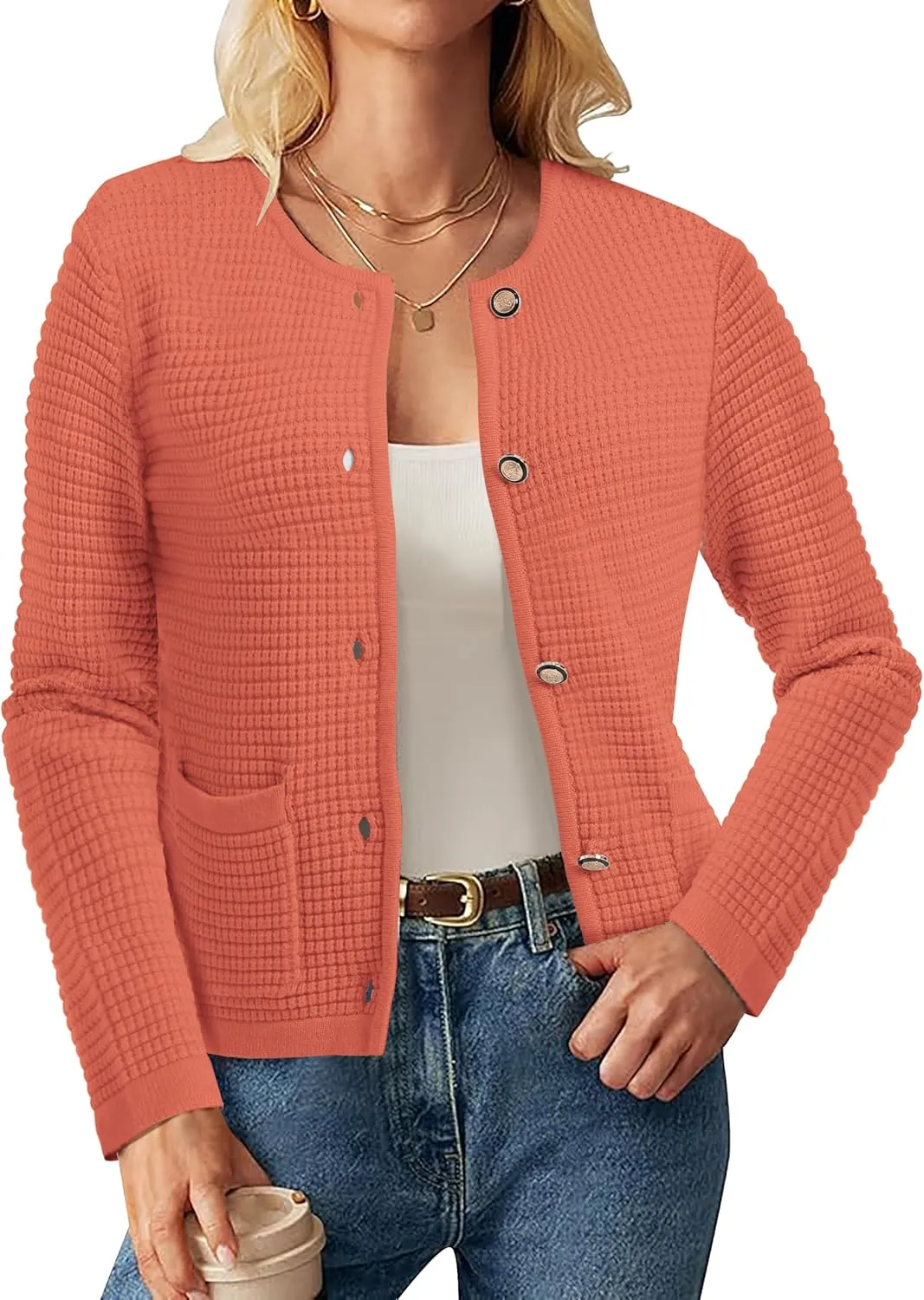 Urban CoCo Women's Open Front Cropped Cardigan Sweaters for Women Trendy Crewneck Button Down Knit Sweater Jacket
