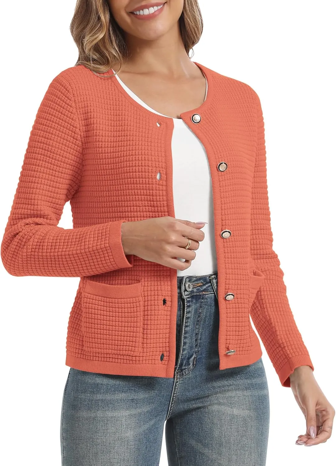 Urban CoCo Women's Open Front Cropped Cardigan Sweaters for Women Trendy Crewneck Button Down Knit Sweater Jacket