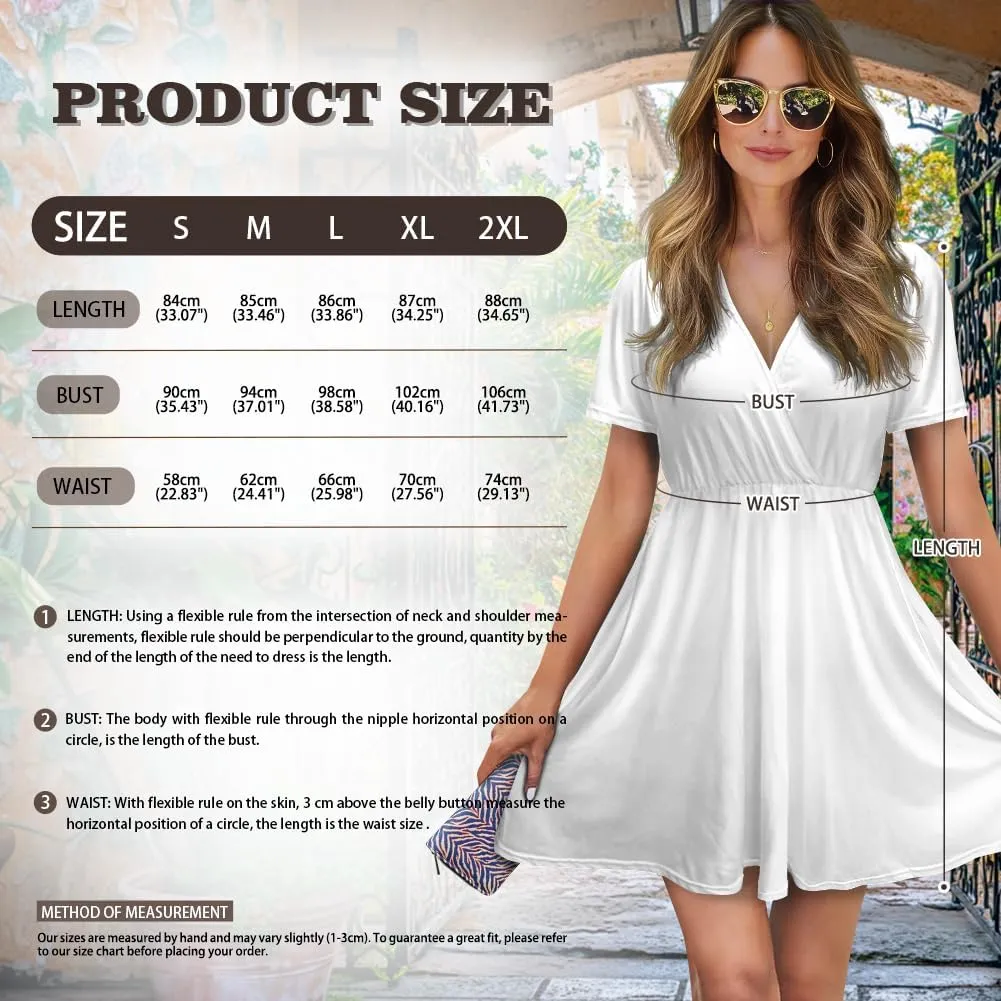 V Neck Short Sleeve Dresses for Women Summer Elastic Waist Flowy Dress Casual A Line Beach Boho Sundress Loose Fit
