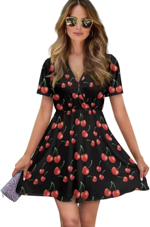 V Neck Short Sleeve Dresses for Women Summer Elastic Waist Flowy Dress Casual A Line Beach Boho Sundress Loose Fit