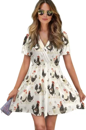V Neck Short Sleeve Dresses for Women Summer Elastic Waist Flowy Dress Casual A Line Beach Boho Sundress Loose Fit