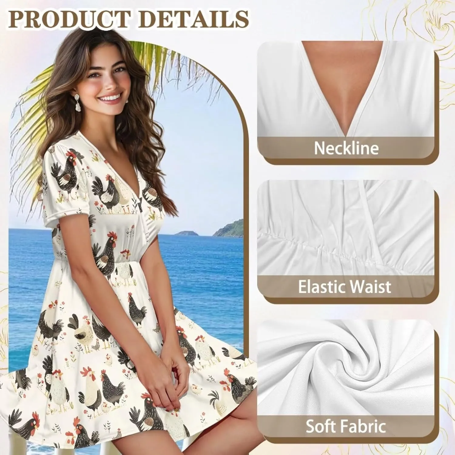V Neck Short Sleeve Dresses for Women Summer Elastic Waist Flowy Dress Casual A Line Beach Boho Sundress Loose Fit