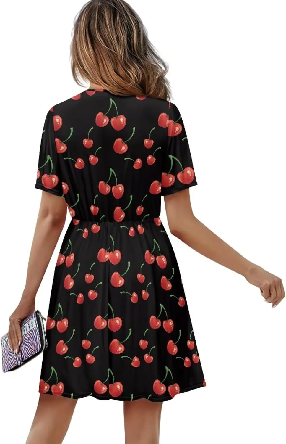 V Neck Short Sleeve Dresses for Women Summer Elastic Waist Flowy Dress Casual A Line Beach Boho Sundress Loose Fit