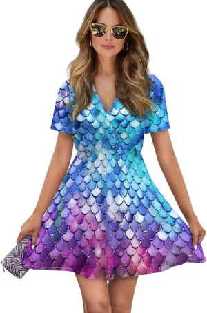 V Neck Short Sleeve Dresses for Women Summer Elastic Waist Flowy Dress Casual A Line Beach Boho Sundress Loose Fit