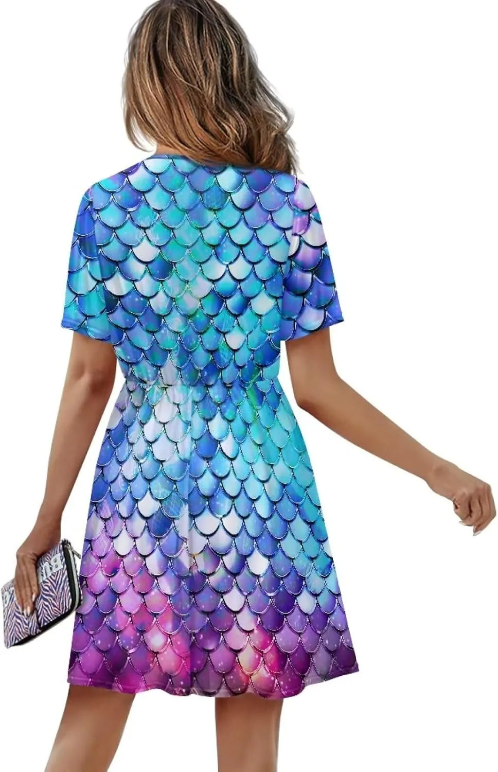 V Neck Short Sleeve Dresses for Women Summer Elastic Waist Flowy Dress Casual A Line Beach Boho Sundress Loose Fit