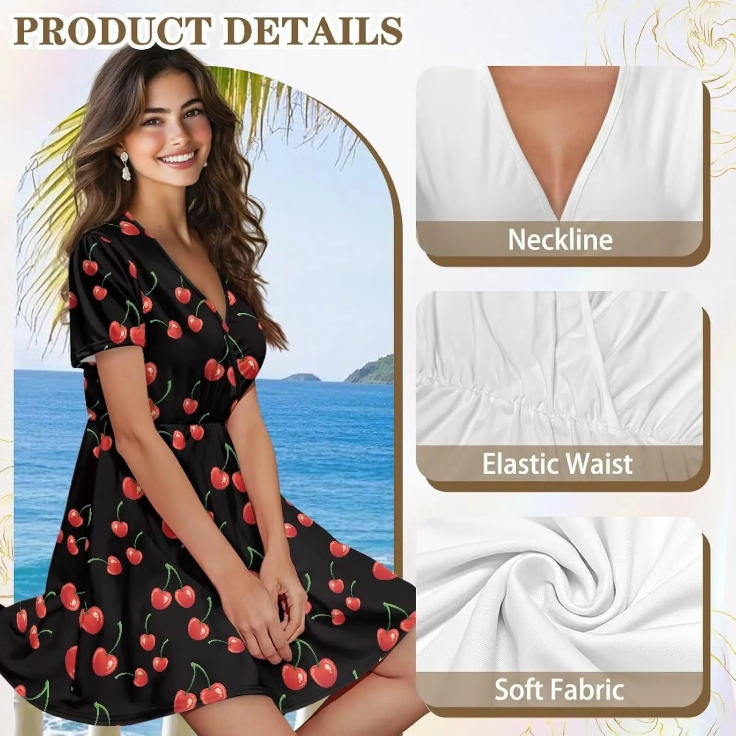 V Neck Short Sleeve Dresses for Women Summer Elastic Waist Flowy Dress Casual A Line Beach Boho Sundress Loose Fit