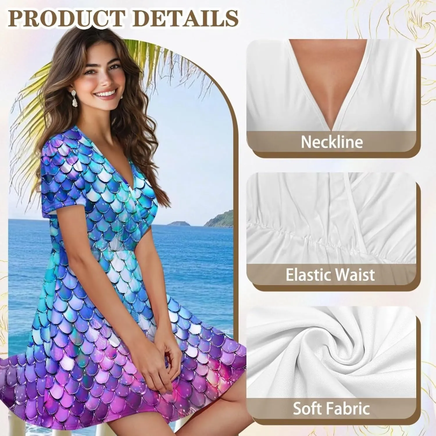 V Neck Short Sleeve Dresses for Women Summer Elastic Waist Flowy Dress Casual A Line Beach Boho Sundress Loose Fit