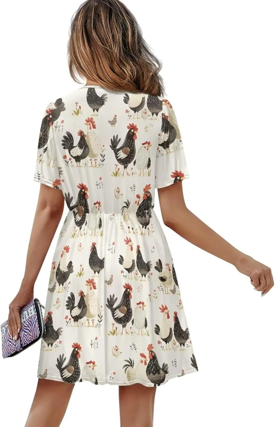 V Neck Short Sleeve Dresses for Women Summer Elastic Waist Flowy Dress Casual A Line Beach Boho Sundress Loose Fit
