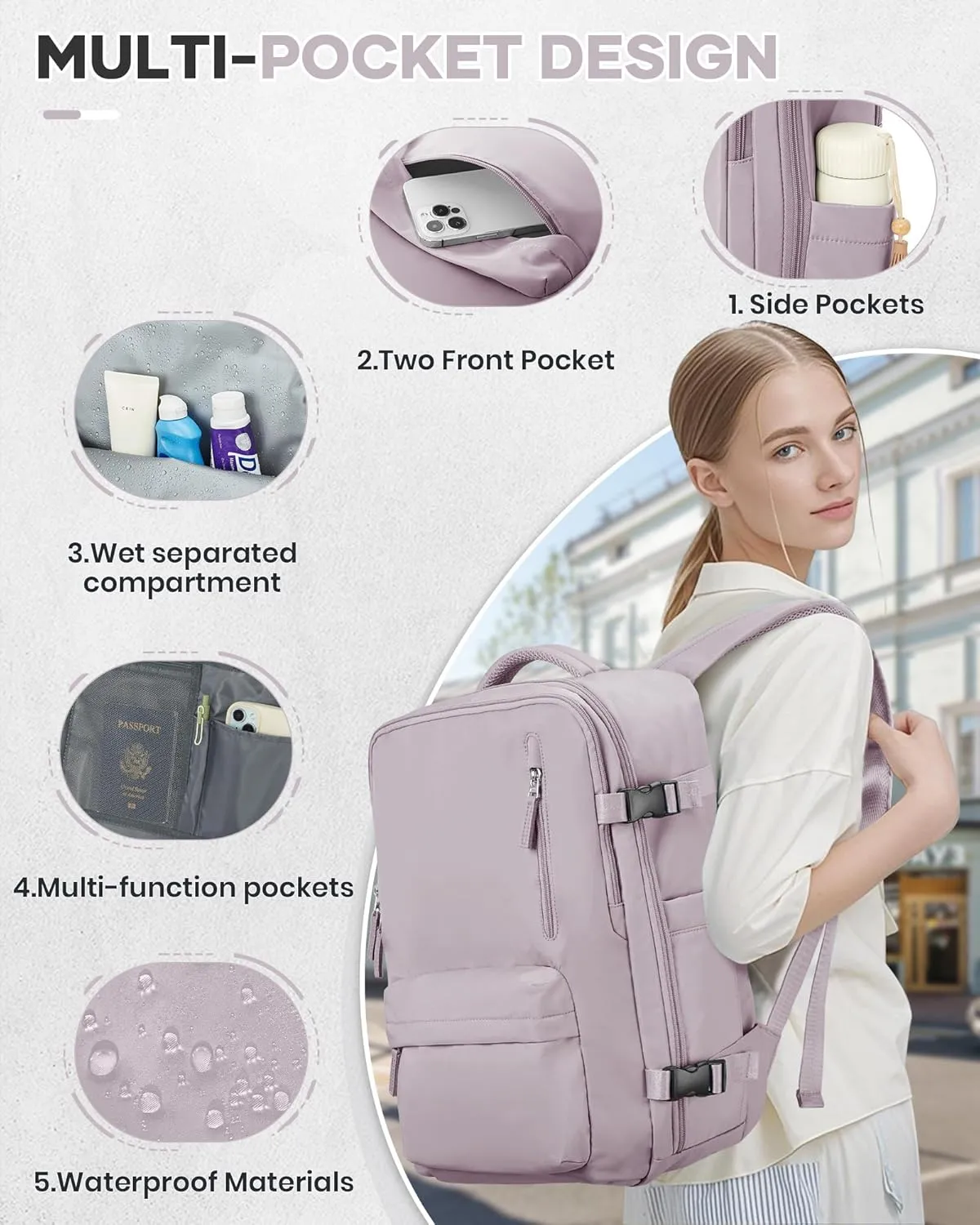 VECAVE Carry On Backpack for Women,Large Travel Backpack Flight Approved,Waterproof 17 Inch Laptop Backpack Business Work Backpacks Men Mochila De Viaje LotusPink