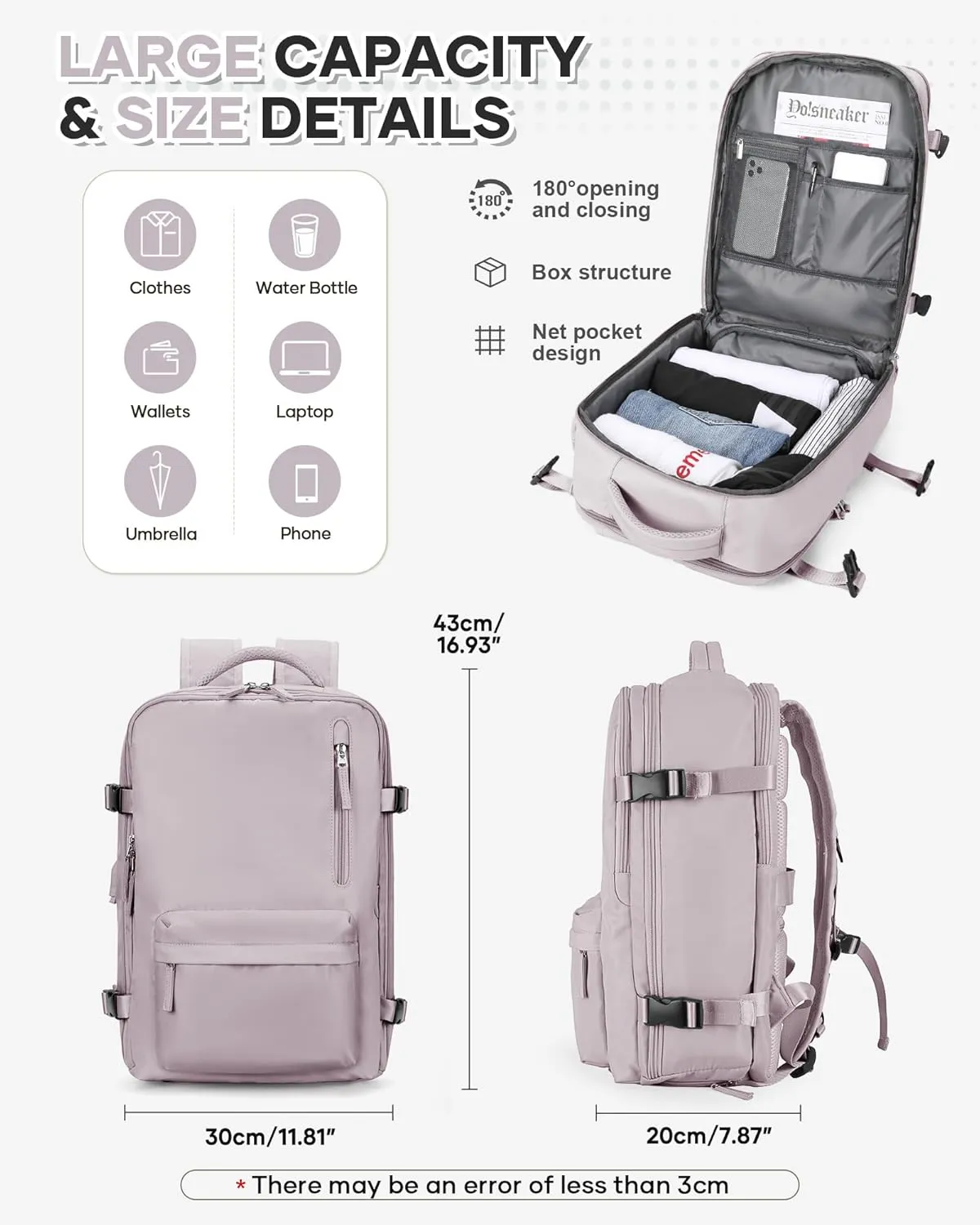 VECAVE Carry On Backpack for Women,Large Travel Backpack Flight Approved,Waterproof 17 Inch Laptop Backpack Business Work Backpacks Men Mochila De Viaje LotusPink