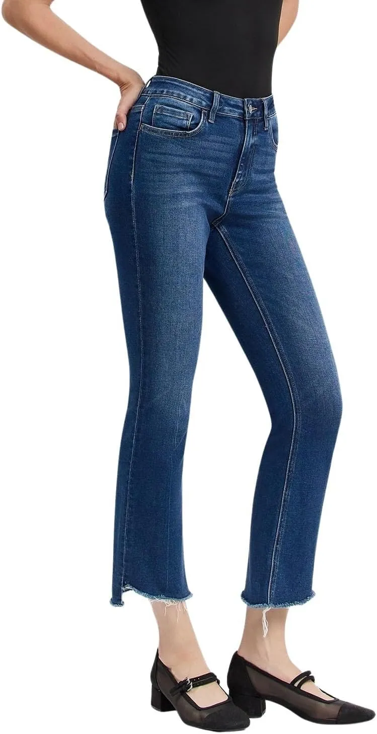 VERVET Women's High-Rise Raw Step Hem Cropped Kick Flare Jeans