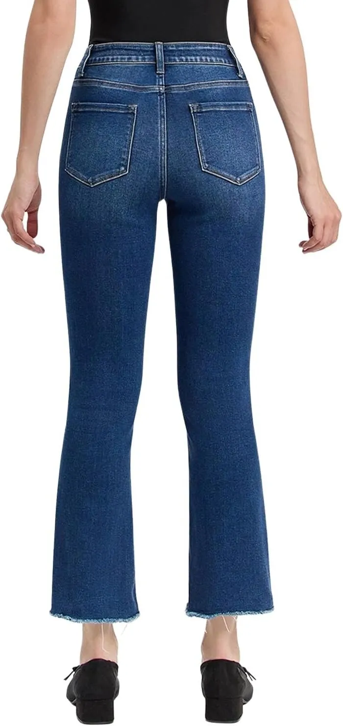 VERVET Women's High-Rise Raw Step Hem Cropped Kick Flare Jeans
