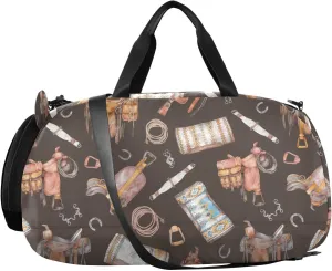 VIGTRO Western Style Saddle Pattern Kids Overnight Travel Duffel Bag Sport Gym Bag for Boys Girls with Shoe Compartment, Carry On Weekender Luggage Bag for Dance Swim Yoga