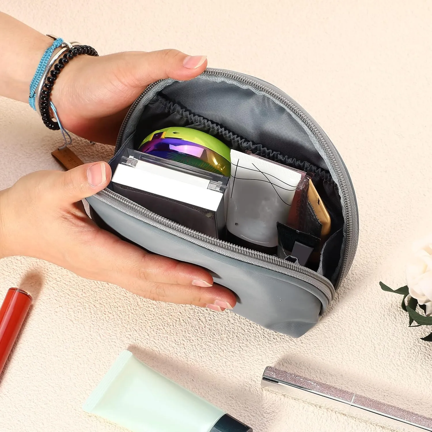 VOCOSTE Half Moon Cosmetic Bag, Small Half Moon Cosmetic Beauty Bag for Purse Travel Handy Cosmetic Pouch Organizer for Women, Gray