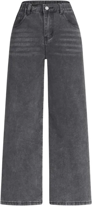 WDIRARA Girl's High Waisted Button Wide Leg Jeans Casual Long Denim Pants with Pocket