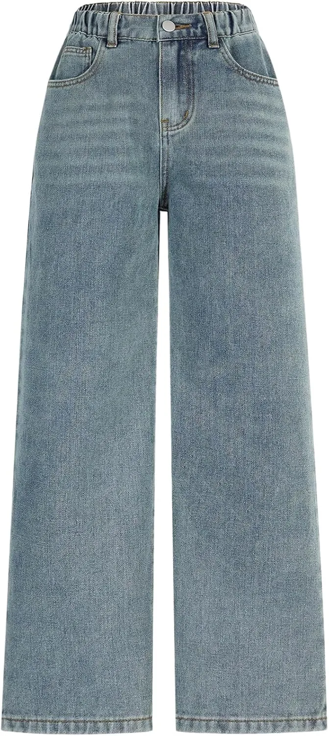 WDIRARA Girl's High Waisted Button Wide Leg Jeans Casual Long Denim Pants with Pocket