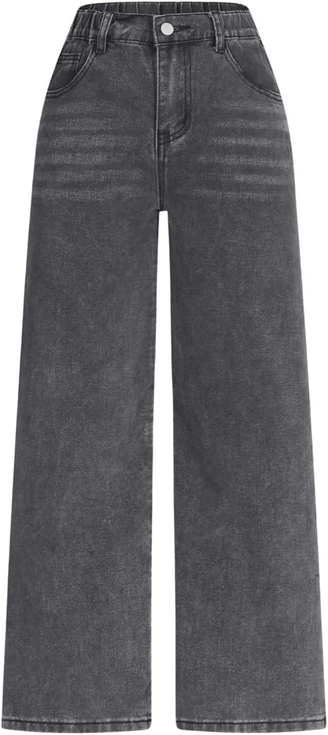 WDIRARA Girl's High Waisted Button Wide Leg Jeans Casual Long Denim Pants with Pocket