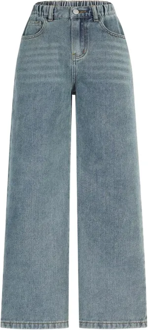 WDIRARA Girl's High Waisted Button Wide Leg Jeans Casual Long Denim Pants with Pocket