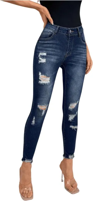 WDIRARA Women's Ripped Distressed Frayed Skinny Jeans Stretch Denim Pants