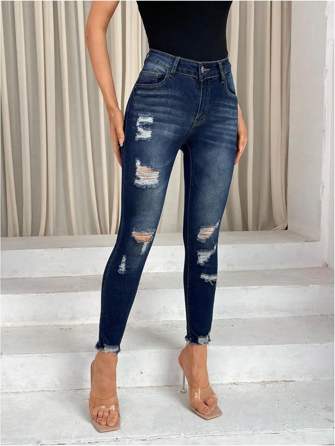 WDIRARA Women's Ripped Distressed Frayed Skinny Jeans Stretch Denim Pants