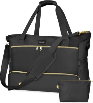 Weekender Overnight Bag for Women, Large Travel Duffel with Shoe Compartment, Wet Pocket, USB Charging Port, Carry-On Gym Tote Bag (Black)