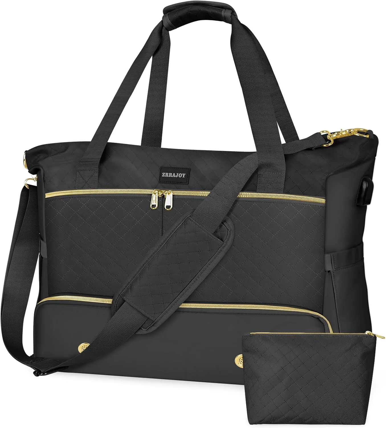 Weekender Overnight Bag for Women, Large Travel Duffel with Shoe Compartment, Wet Pocket, USB Charging Port, Carry-On Gym Tote Bag (Black)