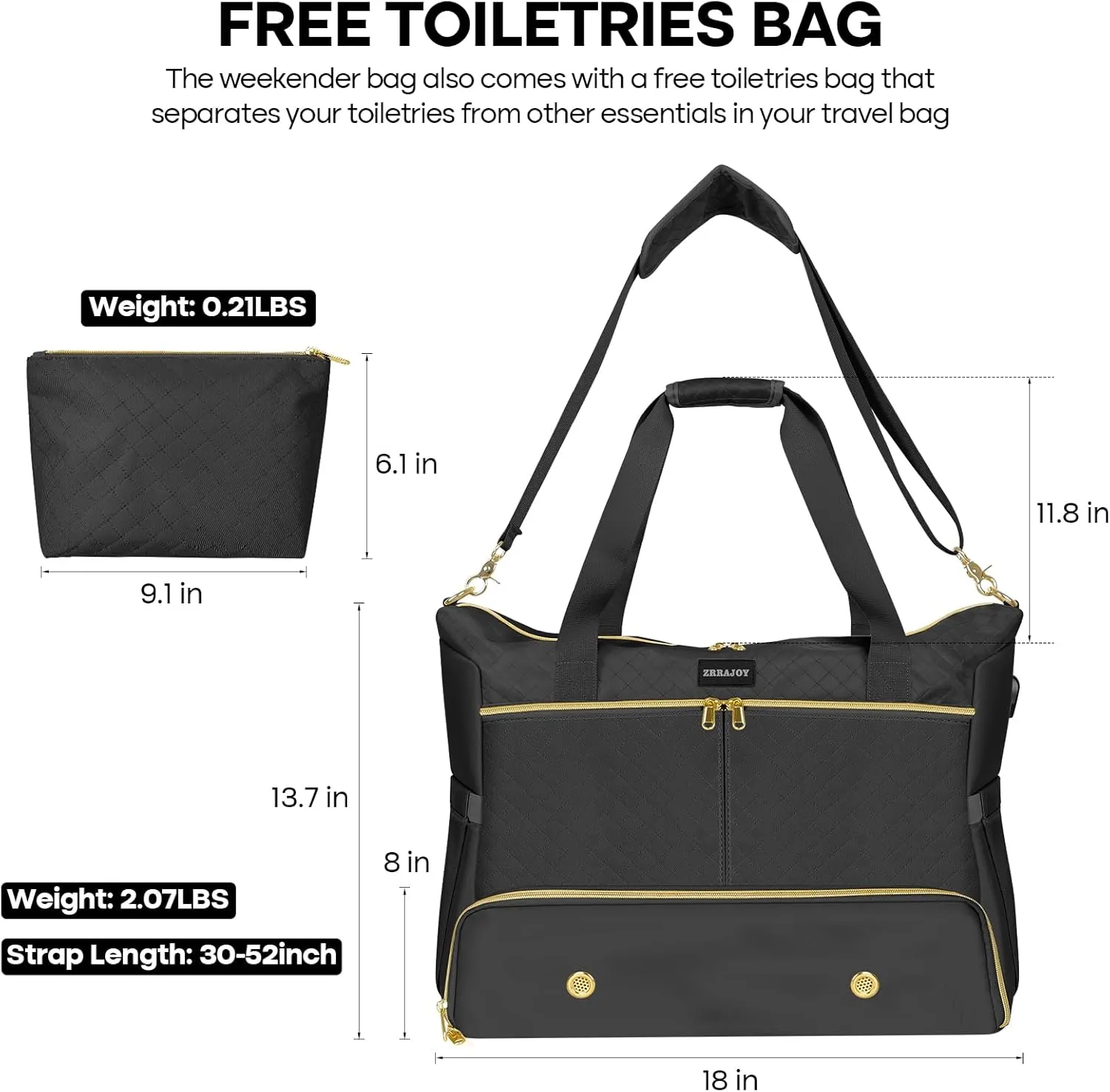 Weekender Overnight Bag for Women, Large Travel Duffel with Shoe Compartment, Wet Pocket, USB Charging Port, Carry-On Gym Tote Bag (Black)