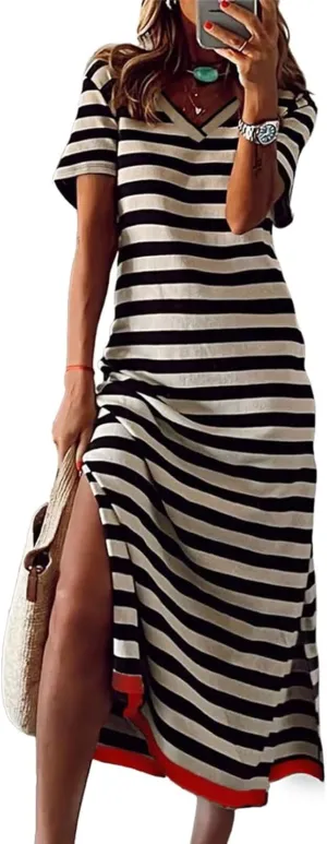 Wkior Women's Summer Maxi Dress Loose Casual Long Dress Color Block Short Sleeve Split Maxi Dresses(S-2XL)
