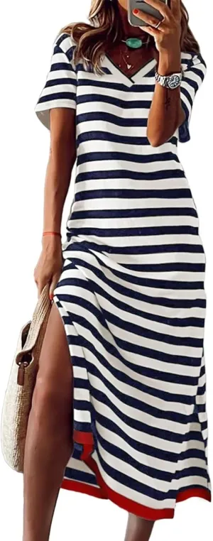 Wkior Women's Summer Maxi Dress Loose Casual Long Dress Color Block Short Sleeve Split Maxi Dresses(S-2XL)