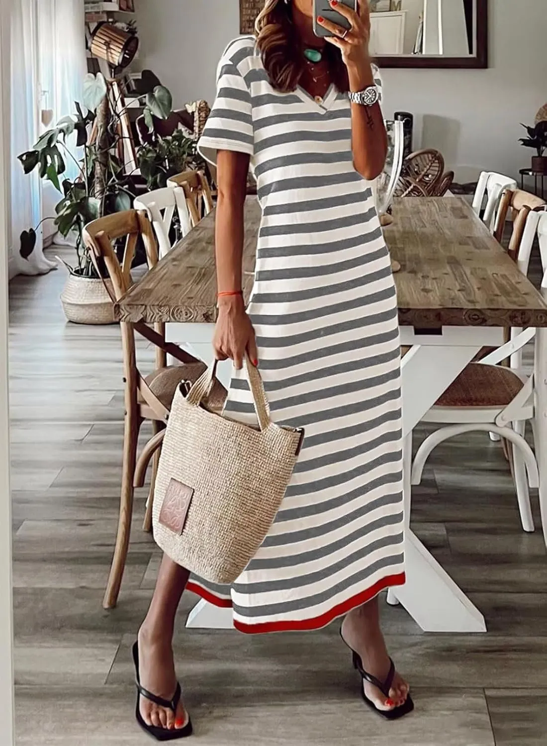 Wkior Women's Summer Maxi Dress Loose Casual Long Dress Color Block Short Sleeve Split Maxi Dresses(S-2XL)