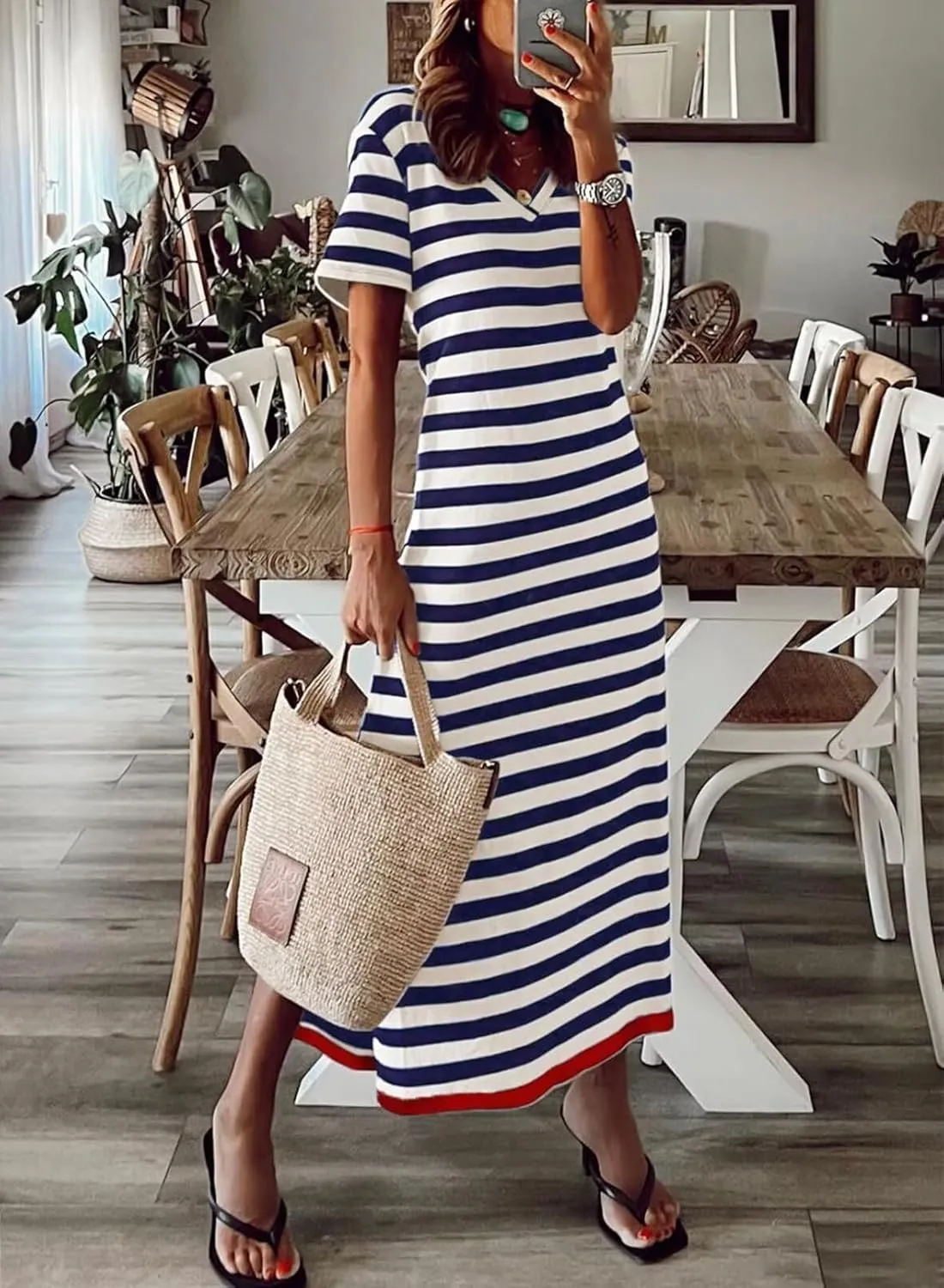 Wkior Women's Summer Maxi Dress Loose Casual Long Dress Color Block Short Sleeve Split Maxi Dresses(S-2XL)