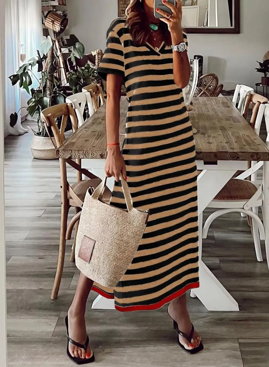 Wkior Women's Summer Maxi Dress Loose Casual Long Dress Color Block Short Sleeve Split Maxi Dresses(S-2XL)