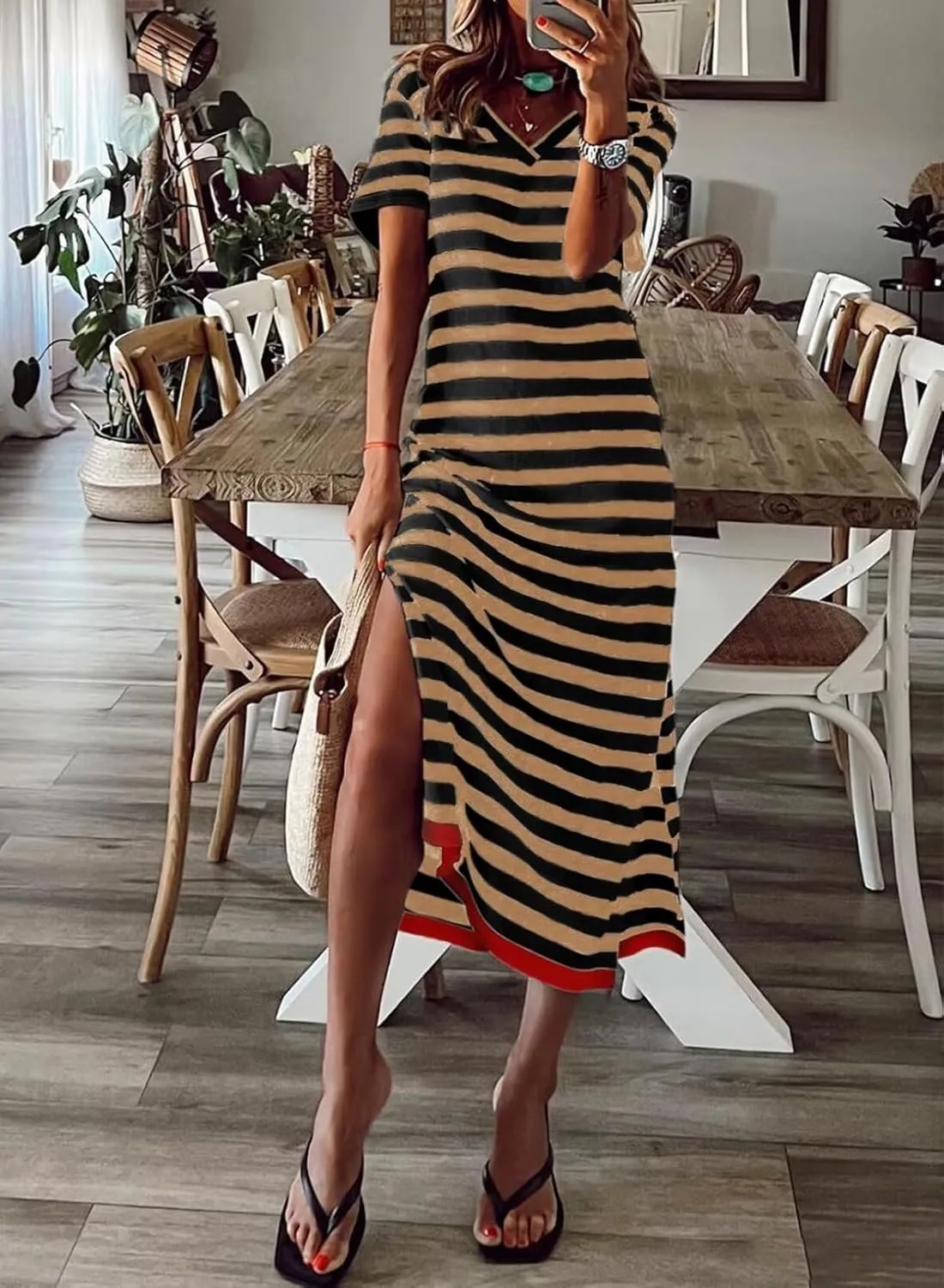 Wkior Women's Summer Maxi Dress Loose Casual Long Dress Color Block Short Sleeve Split Maxi Dresses(S-2XL)
