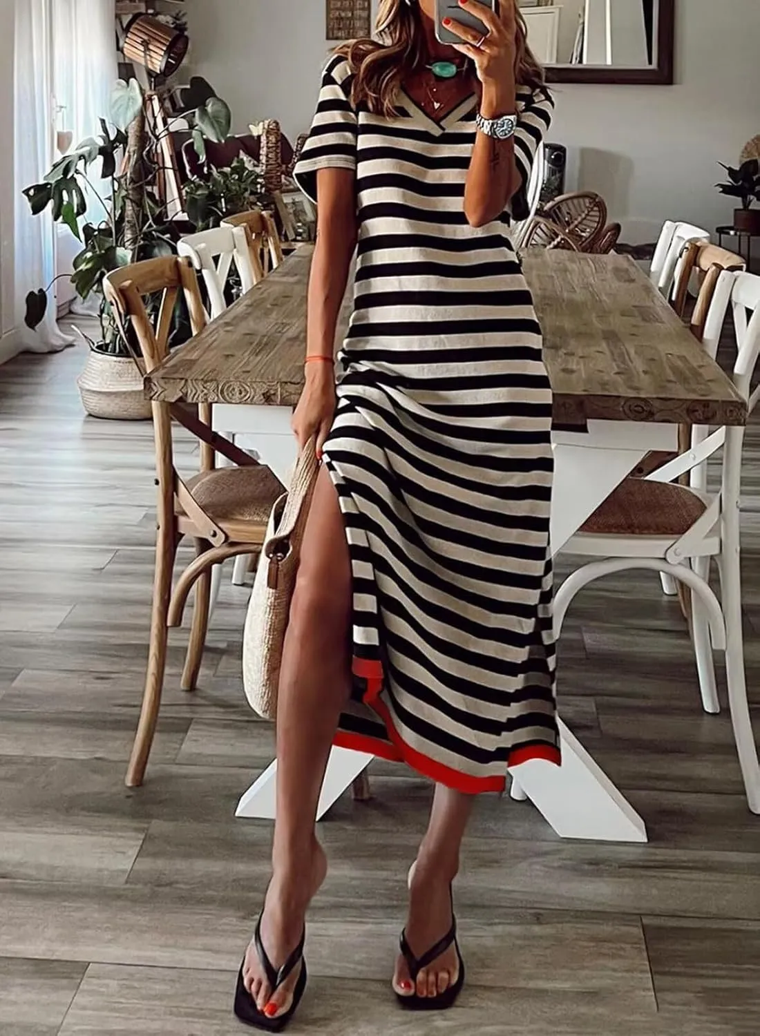 Wkior Women's Summer Maxi Dress Loose Casual Long Dress Color Block Short Sleeve Split Maxi Dresses(S-2XL)