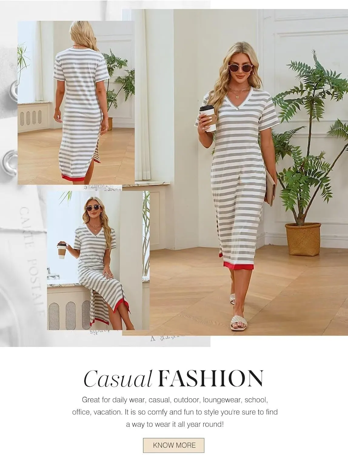 Wkior Women's Summer Maxi Dress Loose Casual Long Dress Color Block Short Sleeve Split Maxi Dresses(S-2XL)